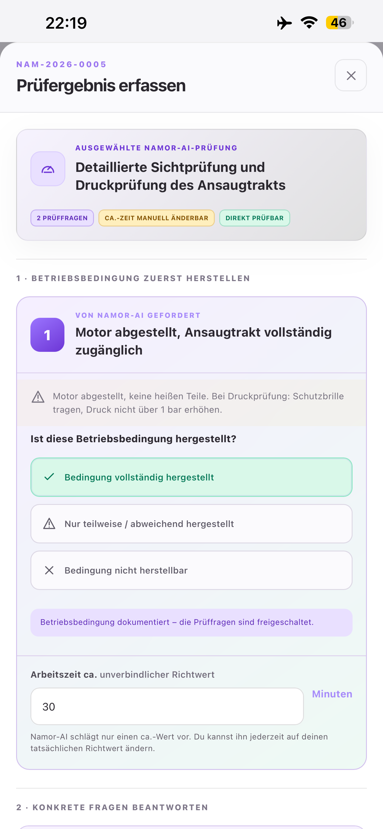 Namor-AI zeigt die ausgewählte Druckprüfung des Ansaugtrakts und die notwendige Betriebsbedingung