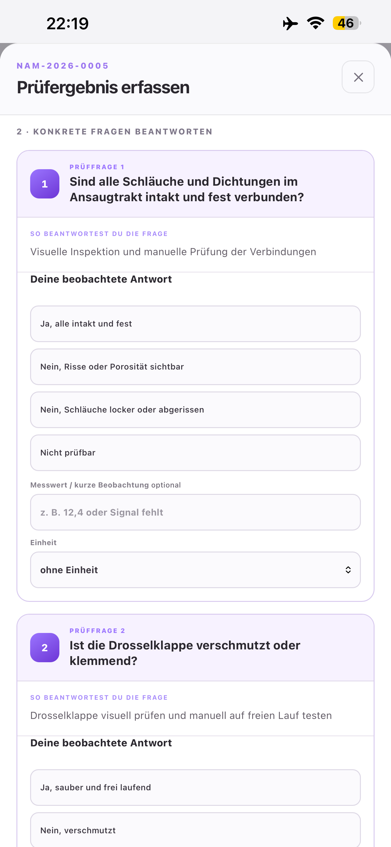 Namor-AI zeigt konkrete Fragen und auswählbare Antworten für die Prüfung