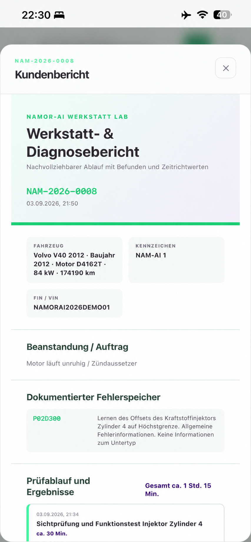 NamorAI-Kundenbericht mit Fahrzeugdaten, Auftrag und dokumentiertem Fehlerspeicher