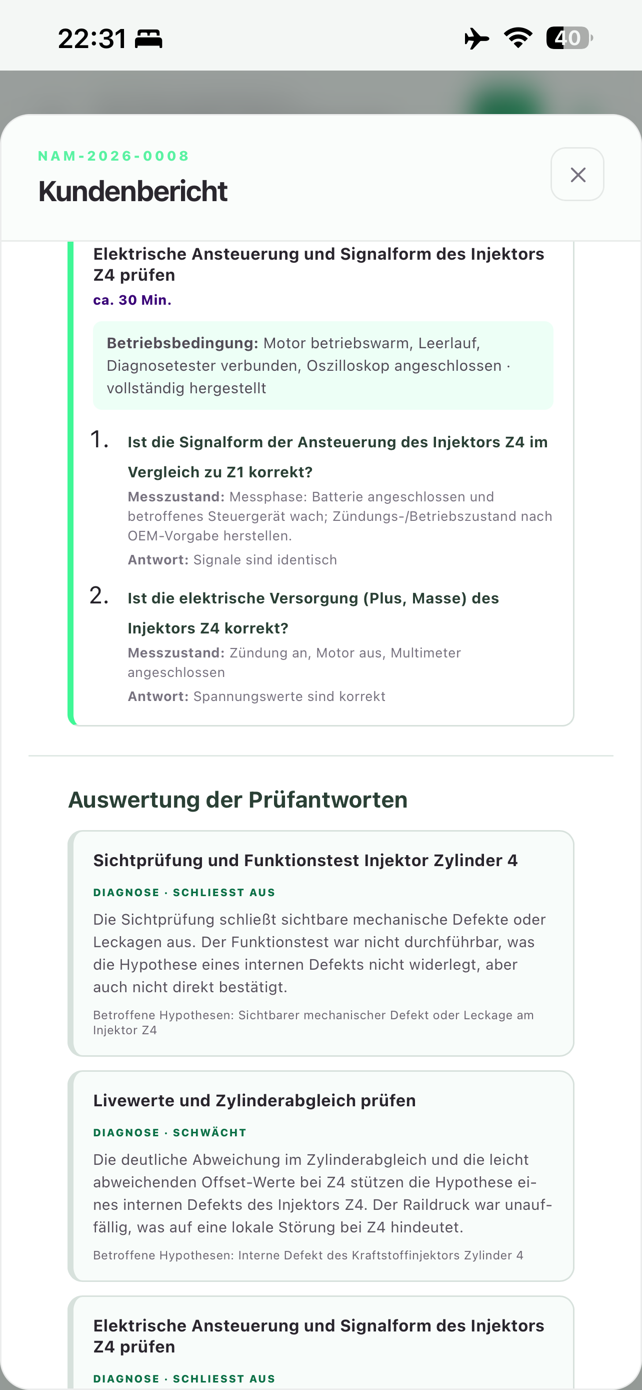 NamorAI-Kundenbericht mit Signalprüfung und Auswertung der Prüfantworten