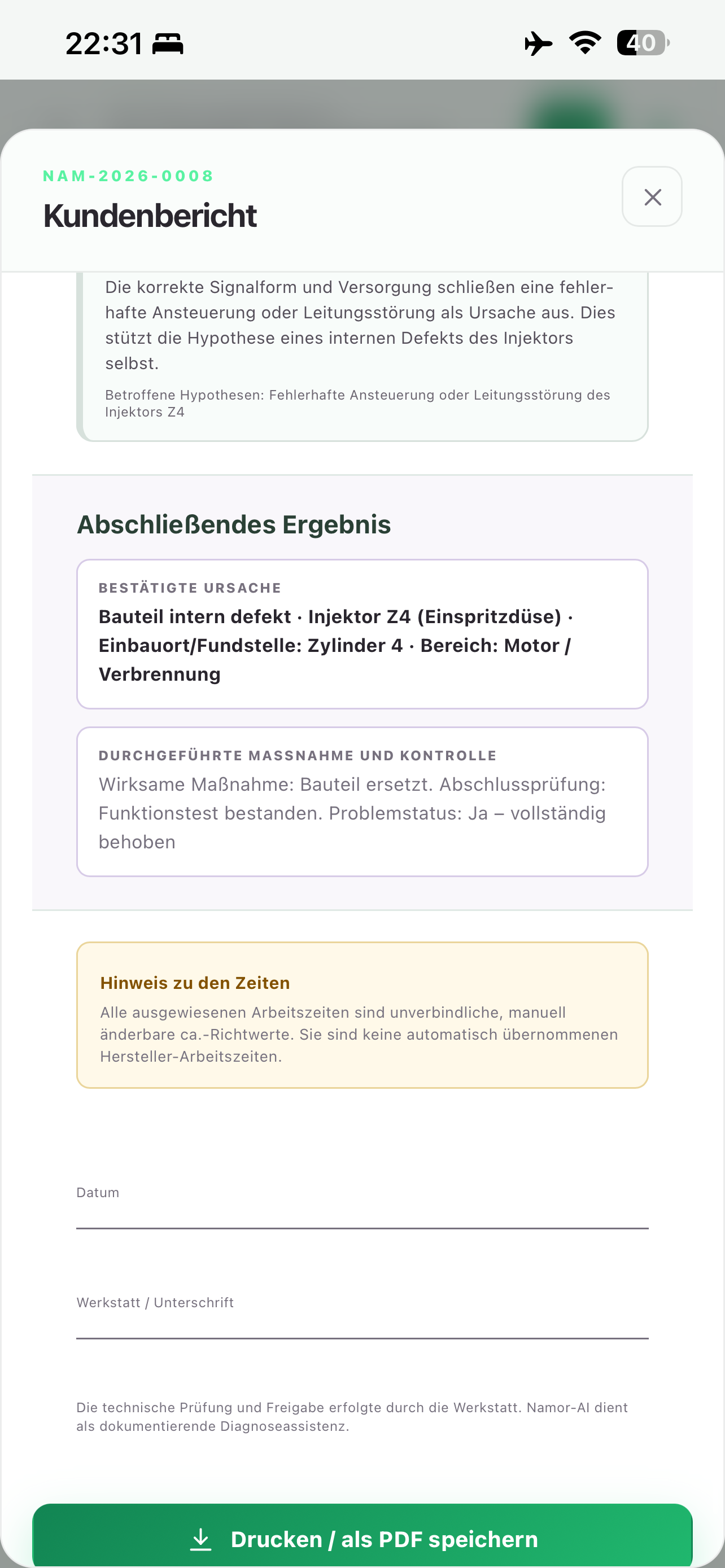 NamorAI-Kundenbericht mit bestätigter Ursache, Maßnahme und Abschluss