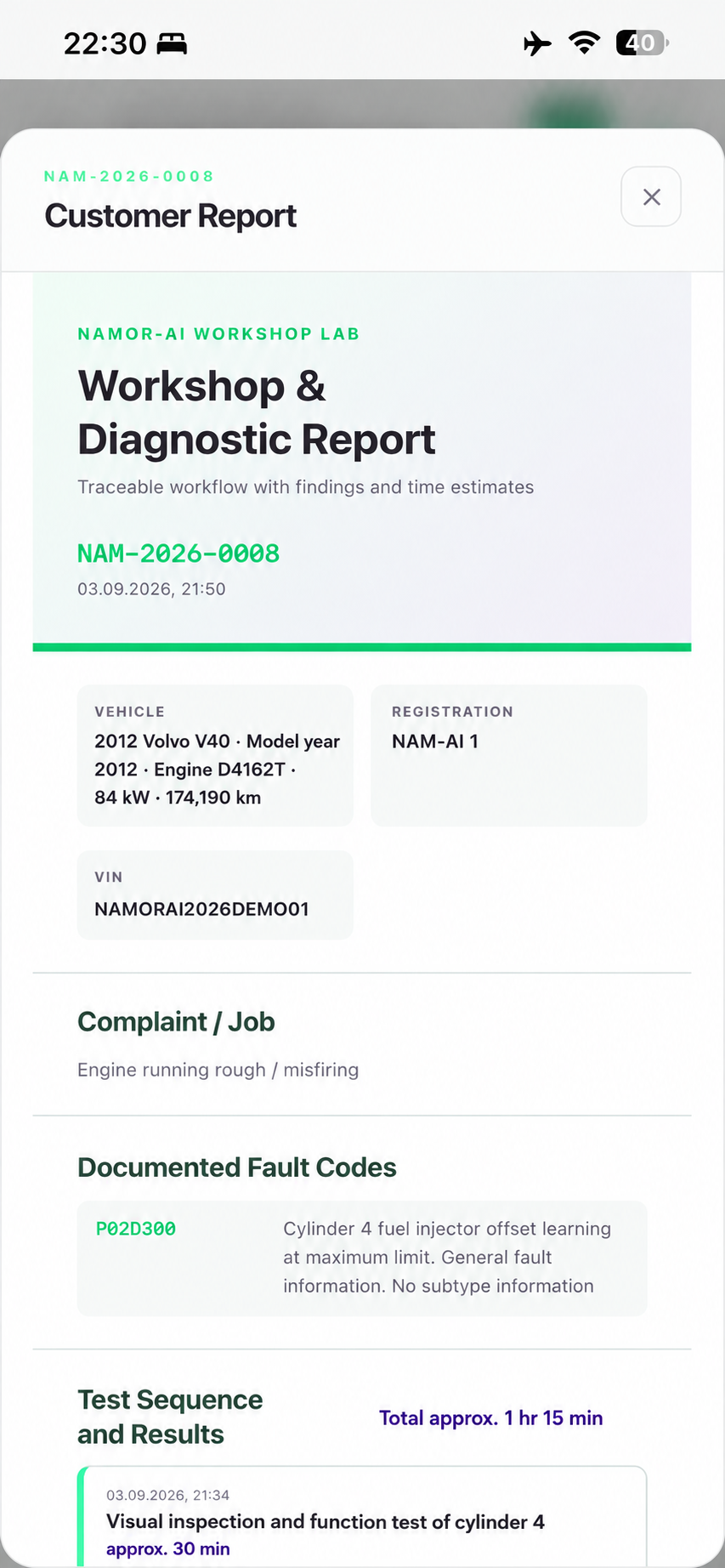 NamorAI customer report with vehicle details, complaint and documented fault code