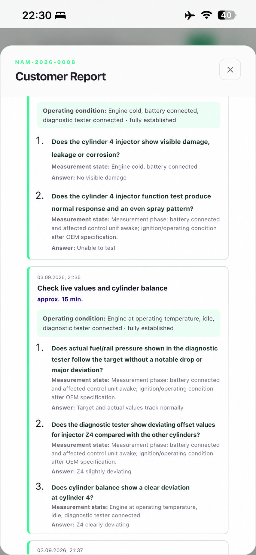 NamorAI customer report with test steps and documented answers