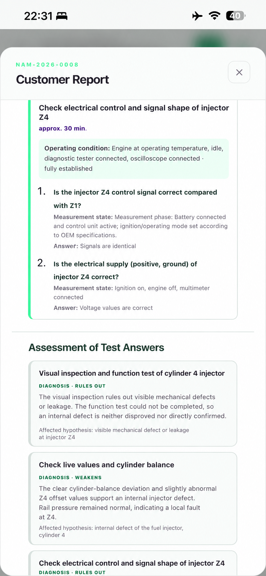 NamorAI customer report with signal test and assessment of test answers