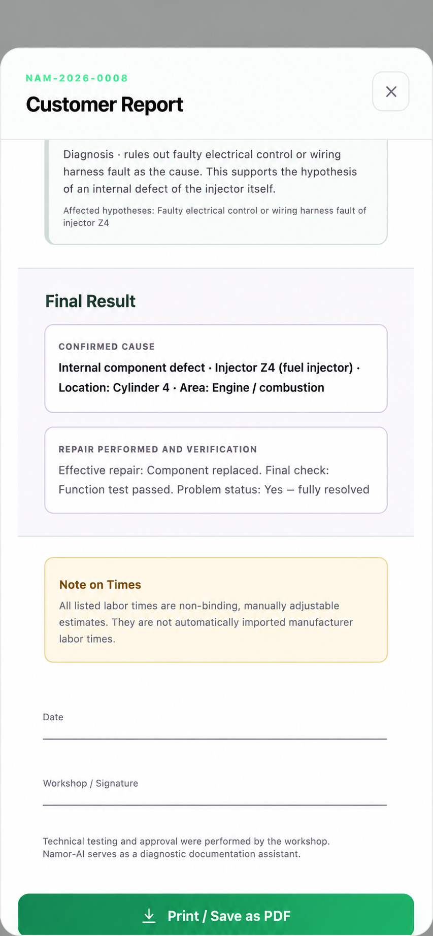 NamorAI customer report with confirmed cause, repair and final sign-off